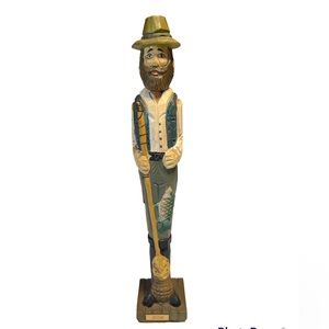 13” tall wooden fisherman carving figurine